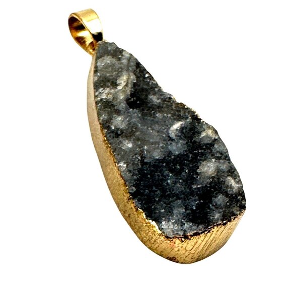 Whimsical Natural Black Tourmaline Druzy Stone Pendant 10k Gold Trim Boho Earthy - Picture 1 of 7